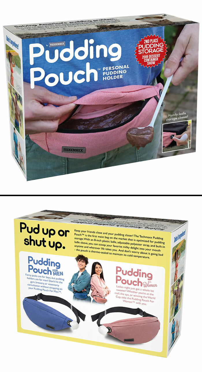 Pudding Pouch fake gift box prank showing a humorous personal pudding holder with ladle in a waist bag style.