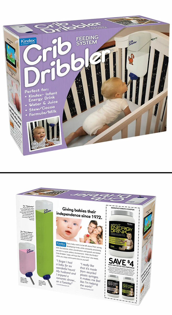 Prank-O fake gift box of Crib Dribbler feeding system with baby in crib, a humorous prank product packaging.