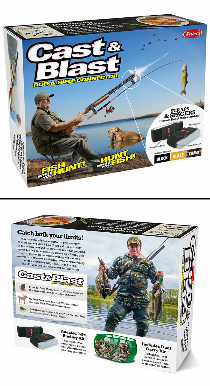 Box packaging of a humorous fake gift featuring a Cast & Blast rod and rifle connector for hunting and fishing enthusiasts.