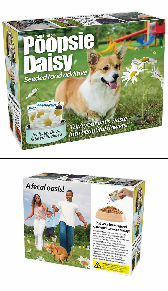 Fake gift box packaging for Poopsie Daisy, a humorous product turning pet waste into flowers, featured in prank-O gift boxes.