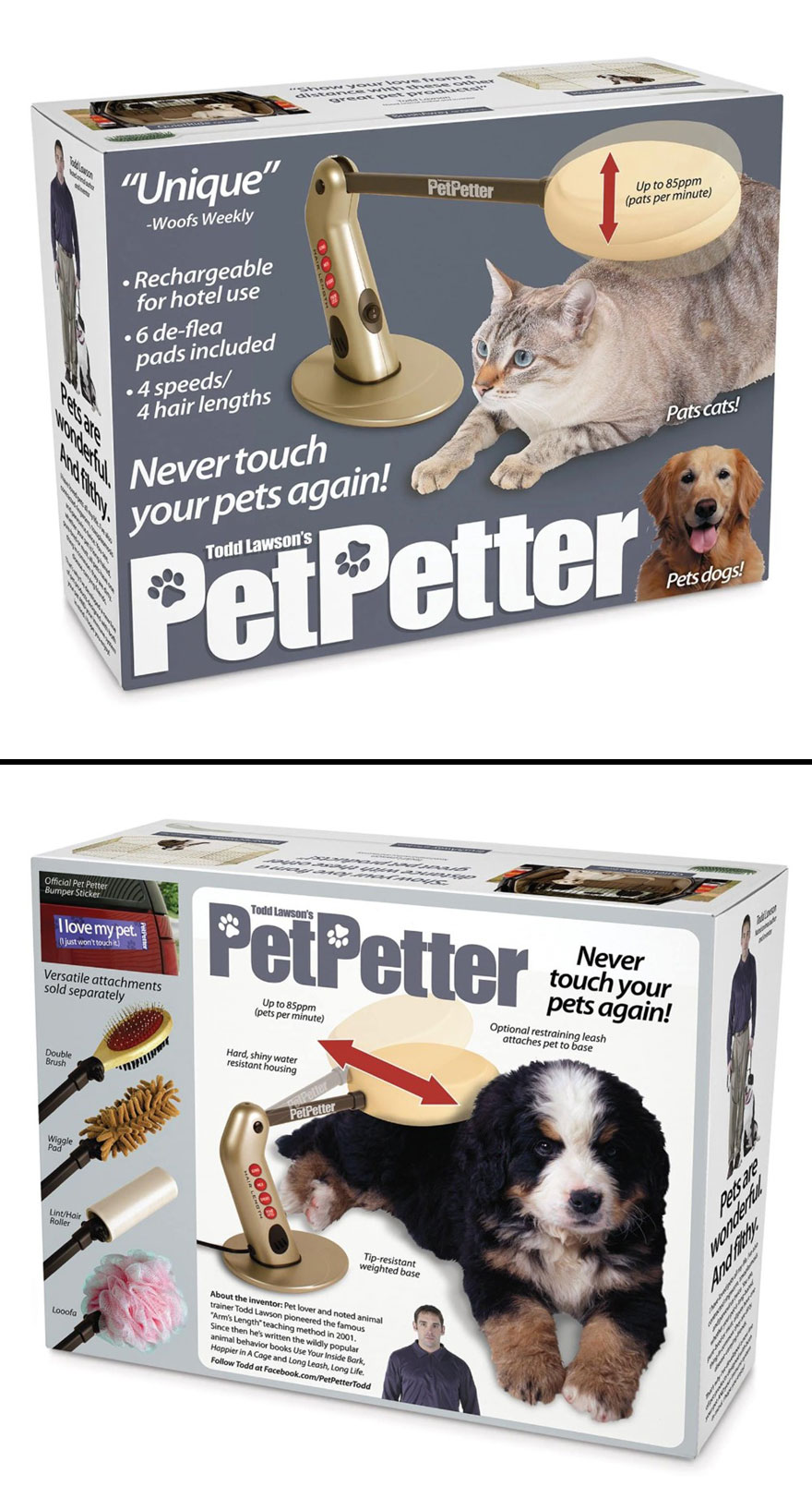 PetPetter prank gift box for hilarious fake flyers and gift boxes to confuse friends with fake pet petting device.