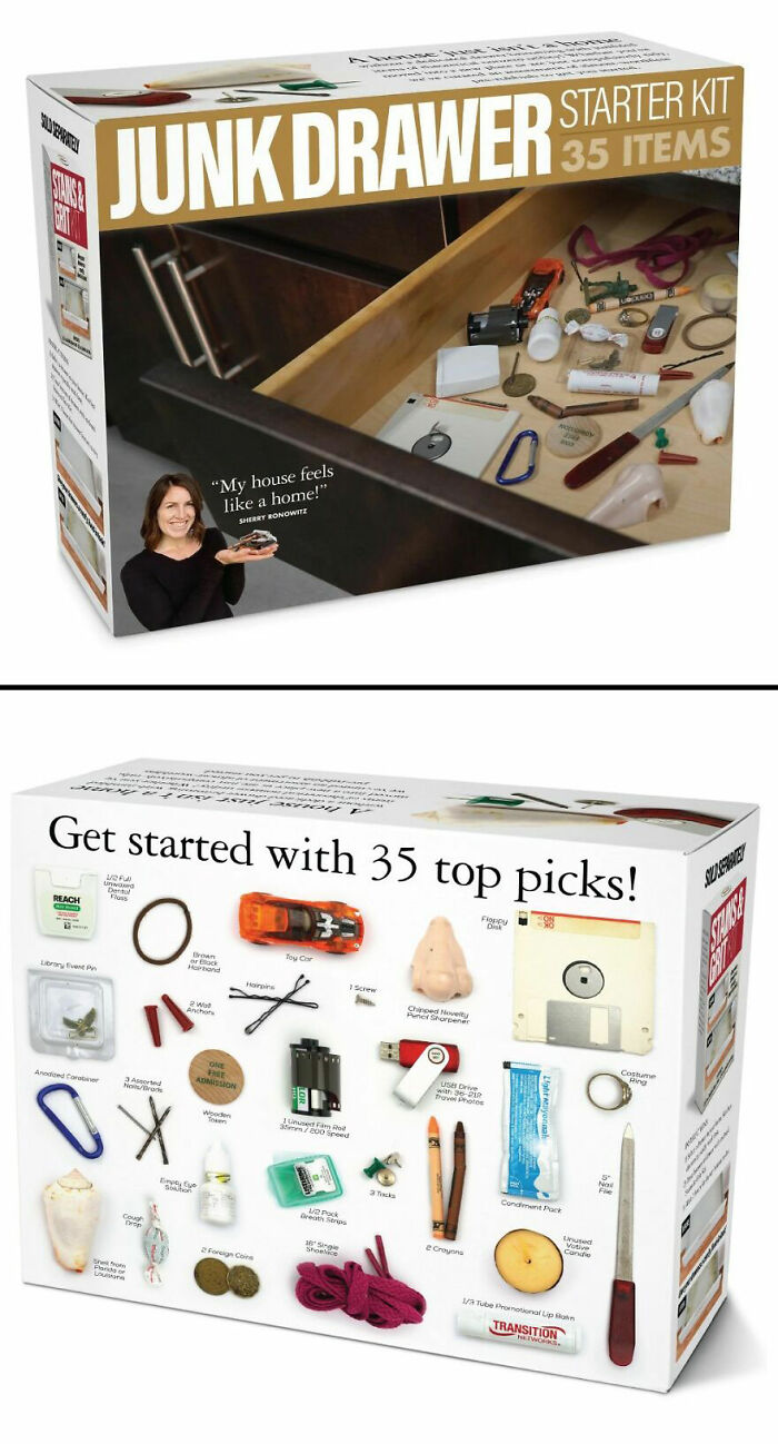 Prank-O fake gift box with 35 humorous items for a joke junk drawer starter kit and prank gift ideas.
