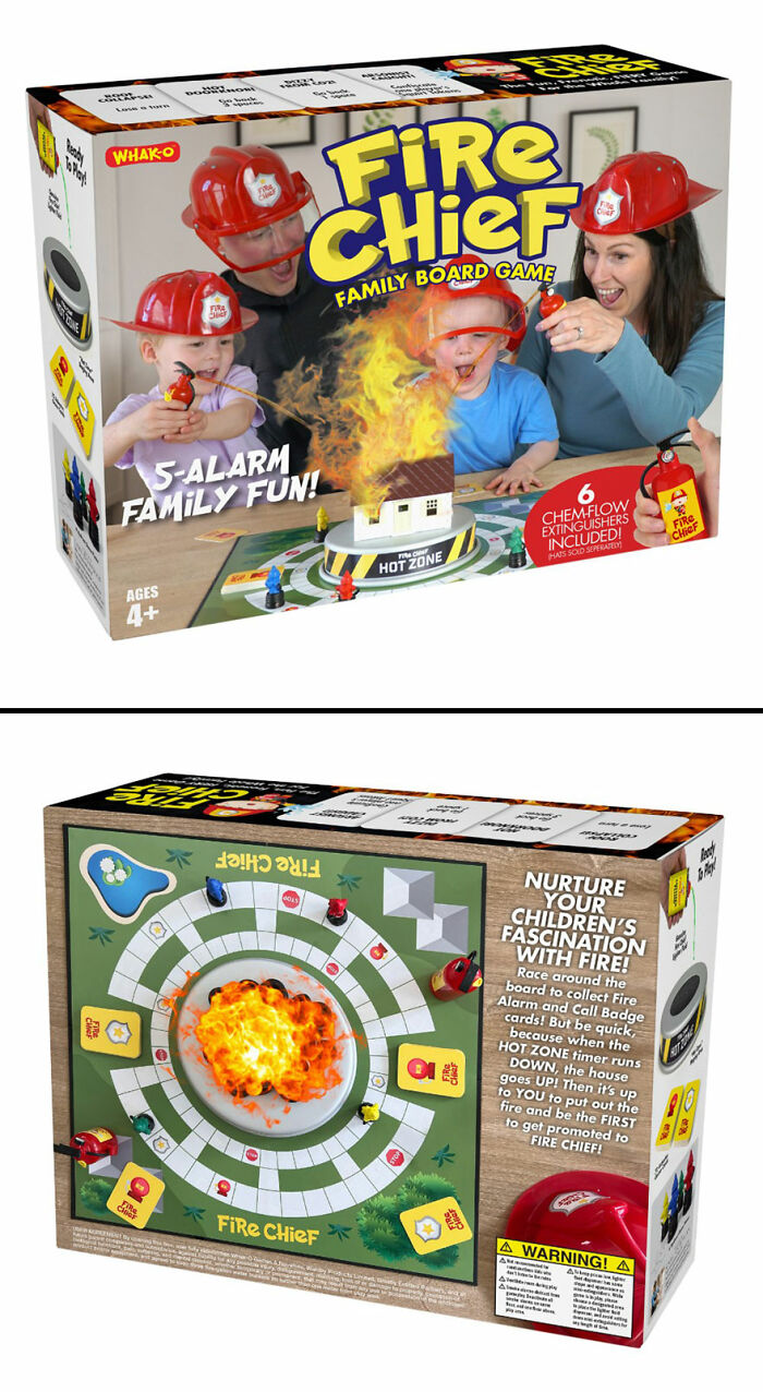 Family playing Fire Chief board game with fake fire and firefighter hats, featuring prank-O fake gift box design.