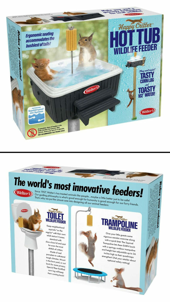 Packaging of prank-o fake gift boxes featuring humorous wildlife feeders like hot tub, toilet, and trampoline for squirrels.