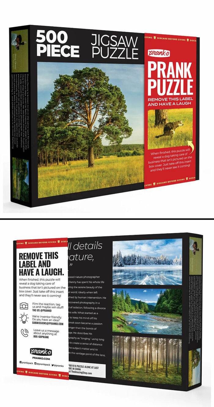 Prank-O fake gift box jigsaw puzzle with humorous prank label and scenic nature images on front and back packaging.