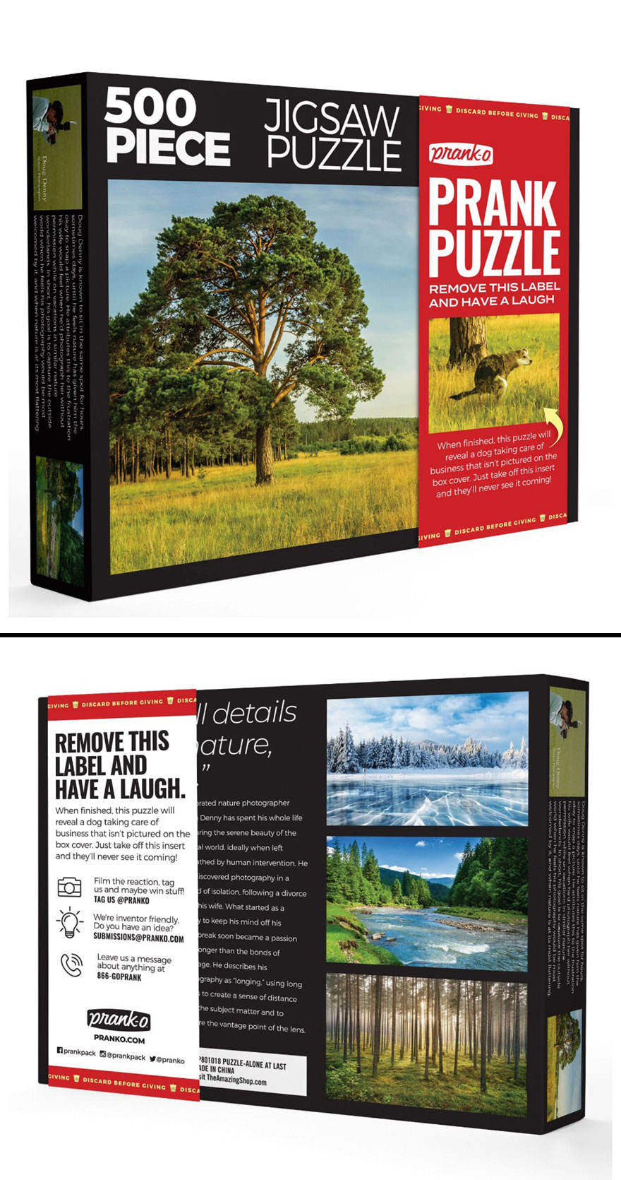 500 piece prank puzzle box featuring nature scenes, designed as a funny fake gift to confuse friends.