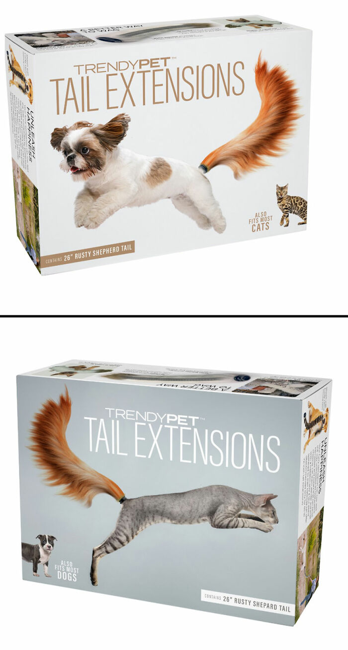 Prank-O fake gift boxes showing pet tail extensions for dogs and cats with humorous packaging designs.