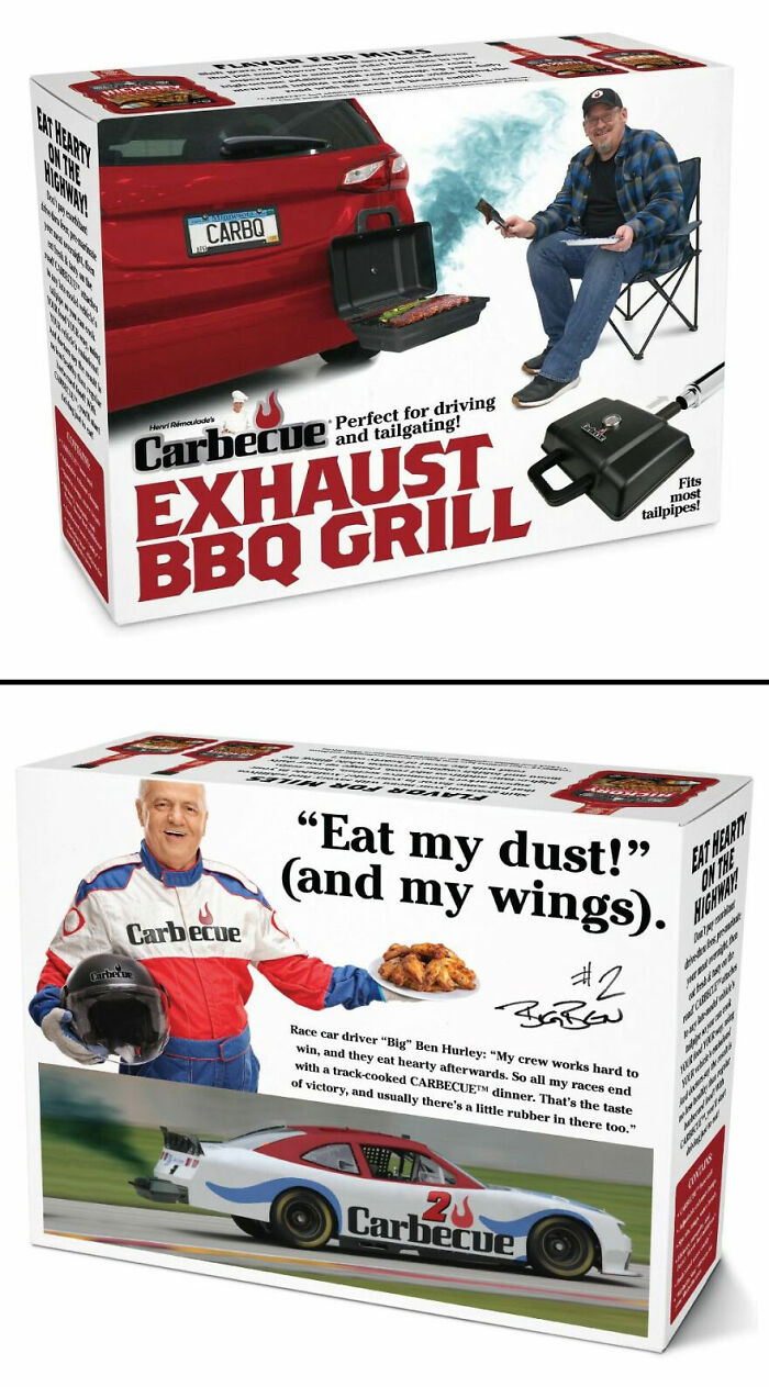 Box packaging of a prank exhaust BBQ grill and humorous flyer featuring a race car driver, from prank-O fake gift boxes.