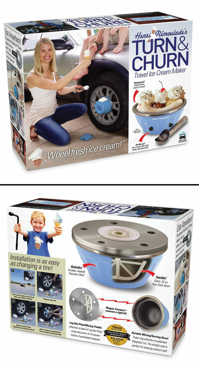 Prank-O fake gift box for a travel ice cream maker with humorous packaging and installation instructions.