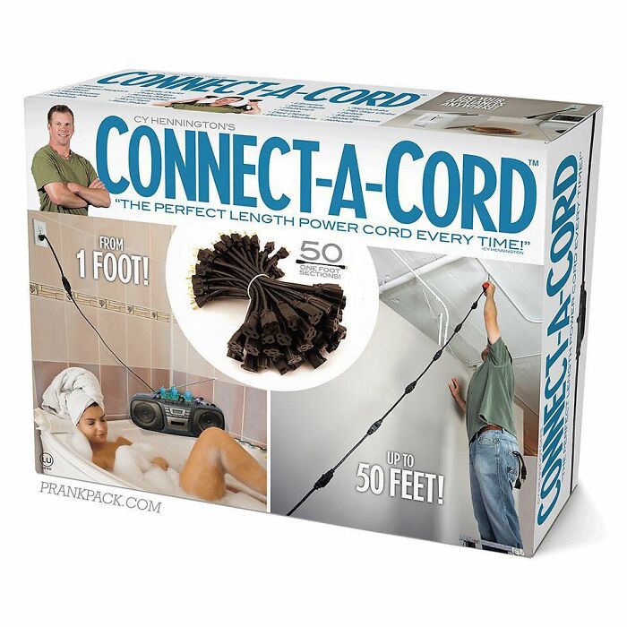 Connect-A-Cord fake gift box from Prank-O showing humorous power cord prank extending from 1 to 50 feet.