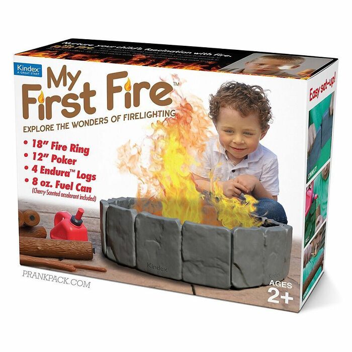 Child playing with a fake fire pit prank box, part of prank-o fake gift boxes and humorous flyers collection.