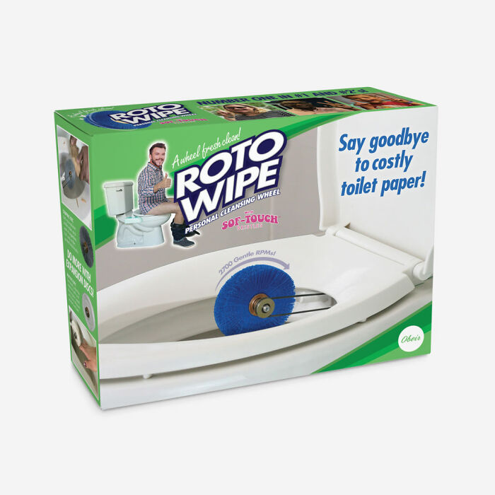 Prank-O fake gift box of Roto Wipe personal cleansing wheel showing humorous toilet cleaning concept.