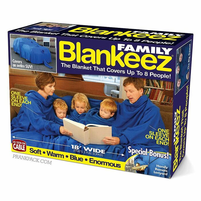 Family covered in blue blanket from prank-O fake gift box with humorous flyer text promoting blanket for up to 8 people.
