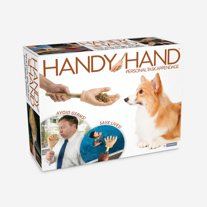 Handy Hand fake gift box showing a humorous personal task appendage feeding a dog, part of prank gift boxes collection.