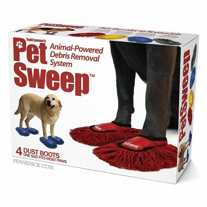 Prank-O fake gift box for Pet Sweep animal-powered debris removal system with humorous dust boot slippers.
