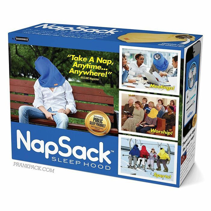 Fake gift box of a NapSack sleep hood showing humorous uses for naps during meetings, worship, and sports in prank packaging style.