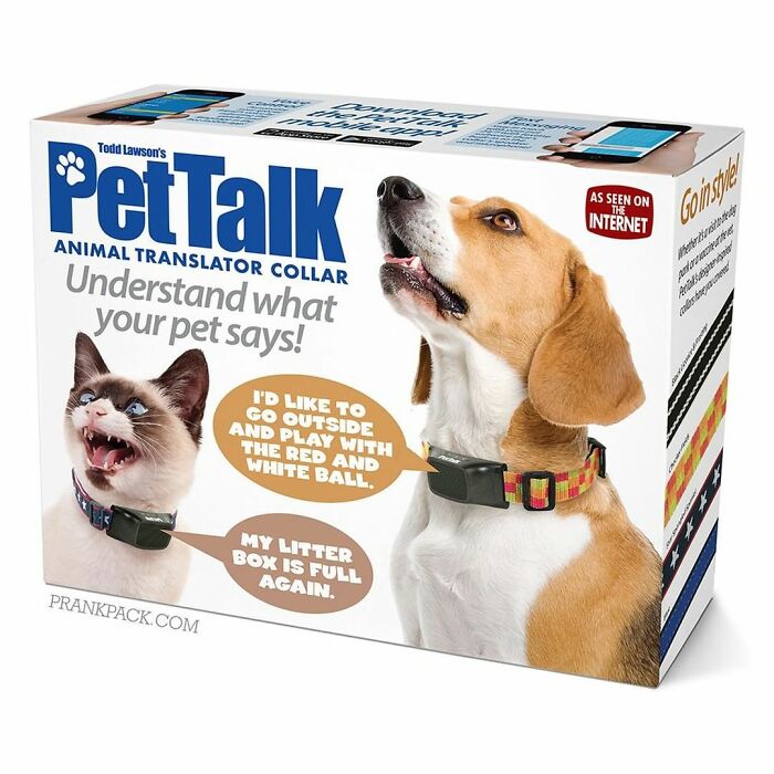 Prank-O fake gift box of PetTalk animal translator collar showing a dog and cat with humorous speech bubbles.