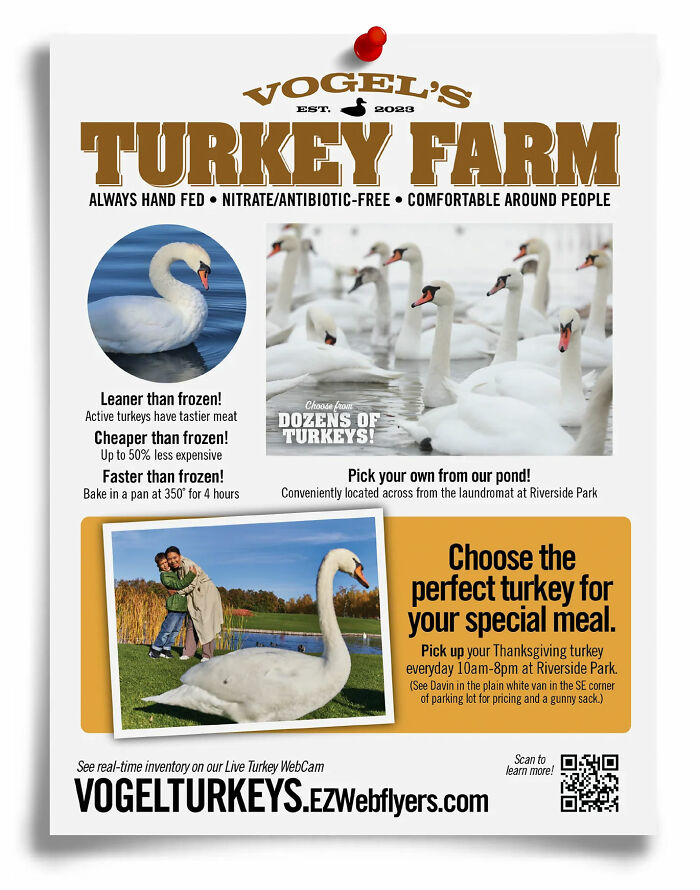 Humorous flyer for fake turkey farm prank gift box featuring swans, turkey selection, and playful product claims.