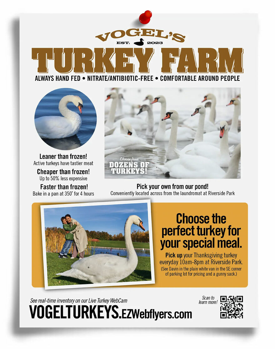 Fake flyer for Vogel's Turkey Farm, featuring hilarious turkeys for prank-O with fake offers to confuse your friends.