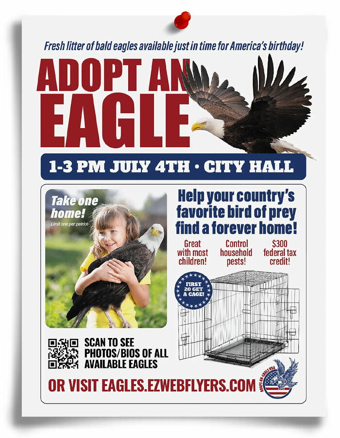 Humorous prank flyer offering bald eagles for adoption with fake benefits and eagle cage promotion.
