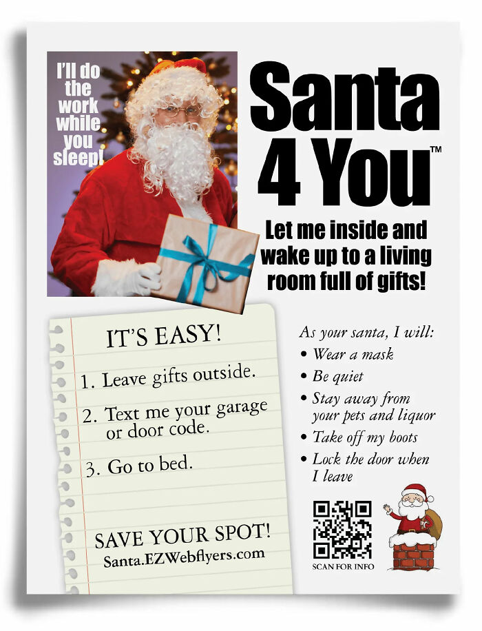 Santa holding a wrapped gift in a humorous flyer promoting prank-o fake gift boxes and holiday surprises.
