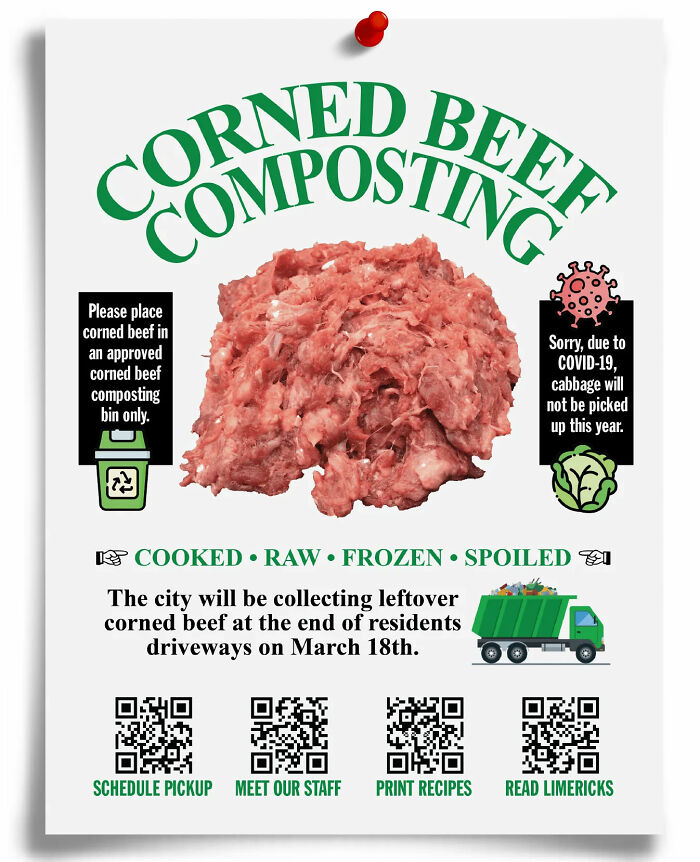 Fake corned beef composting flyer with pickup details and QR codes, part of prank-O fake gift boxes and humorous flyers.