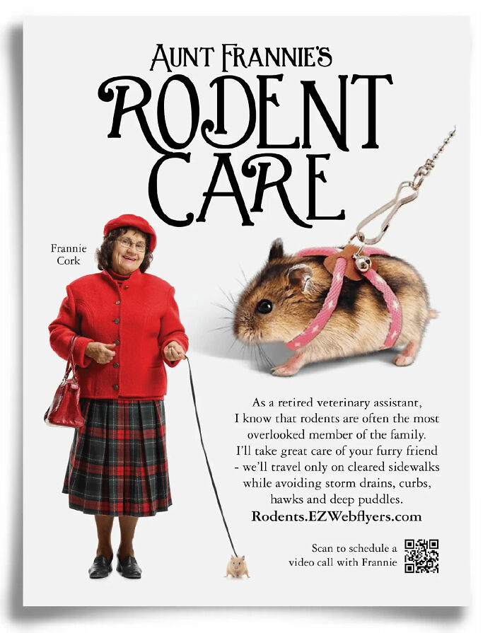 Elderly woman in red outfit walking a hamster on a leash in a humorous Prank-O fake gift box flyer.