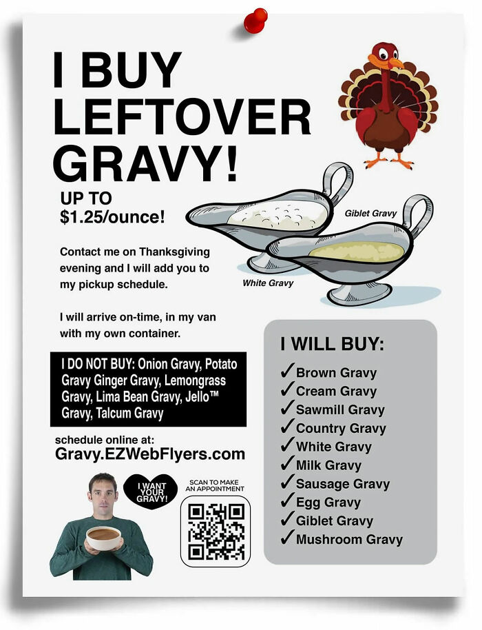 Humorous flyer from Prank-O offering to buy leftover gravy with playful illustrations and a QR code for scheduling.