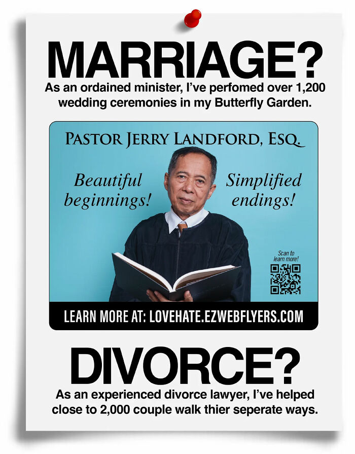 Humorous flyer featuring fake marriage and divorce services with Pastor Jerry Landford promoting prank gift boxes.