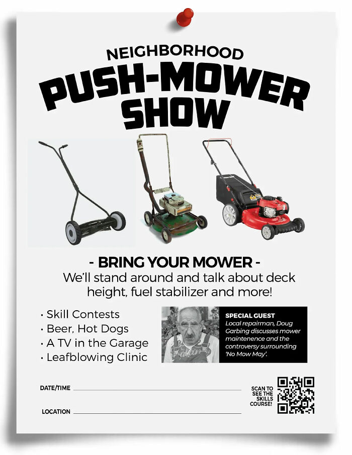 Flyer showing fake neighborhood push-mower show with humorous details and a QR code for prank-o fake gift boxes.