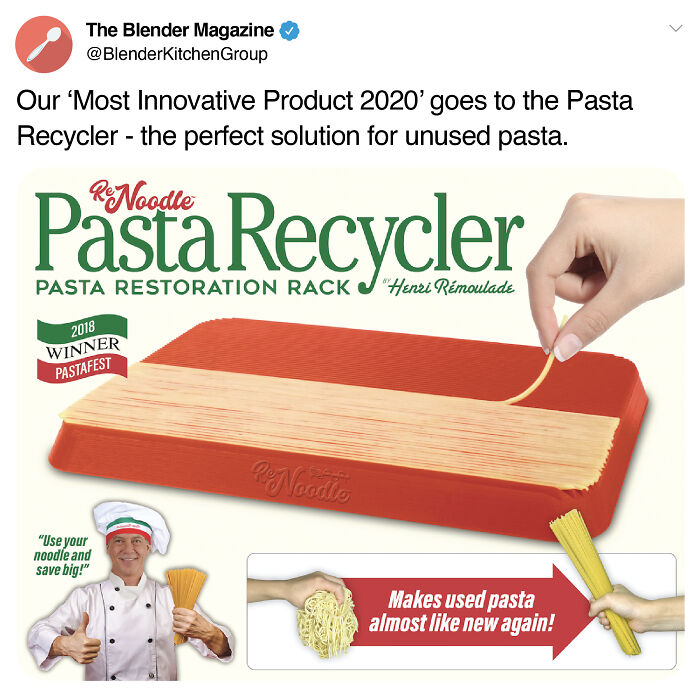 Hand holding a single pasta noodle over a fake pasta restoration rack in a humorous prank gift box flyer.