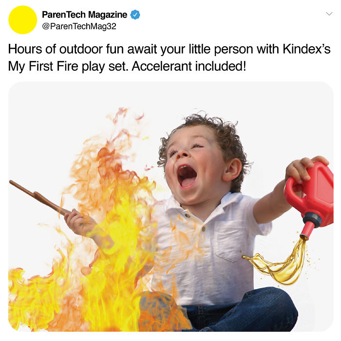 Child laughing and playing with a fake fire play set, holding a red toy fuel can in a humorous prank scene.