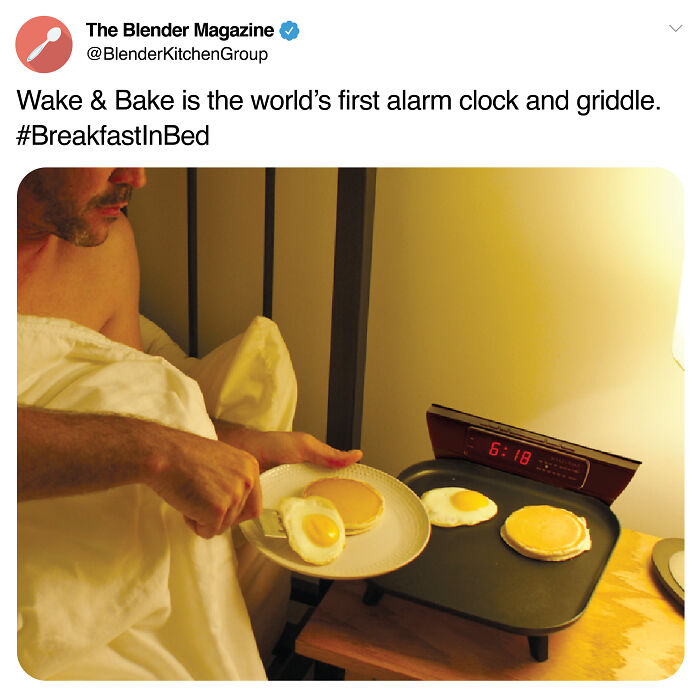 Man in bed holding plate with fake fried egg and pancake from prank-O fake gift box and humorous flyer prank product.