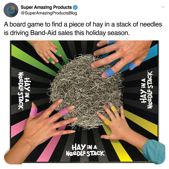 Hands with colorful bandages playing Hay in a Needle Stack board game, a humorous prank and fake gift box idea.