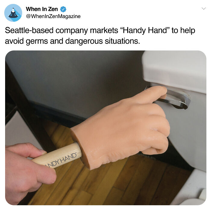 Handy Hand fake gift box prank used to avoid germs while opening a toilet flush handle in a humorous way.