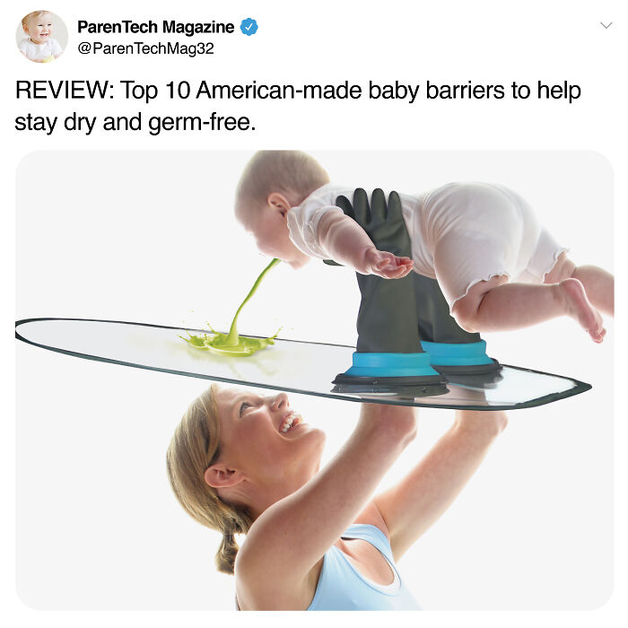 Baby vomits green liquid onto a suction-cup glass tray held by black gloves, illustrating funny prank-o fake gift box concept.