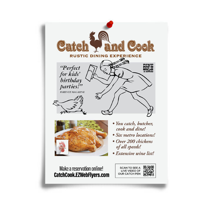 Humorous flyer for Catch and Cook restaurant with rustic dining theme and playful chicken-catching illustration.