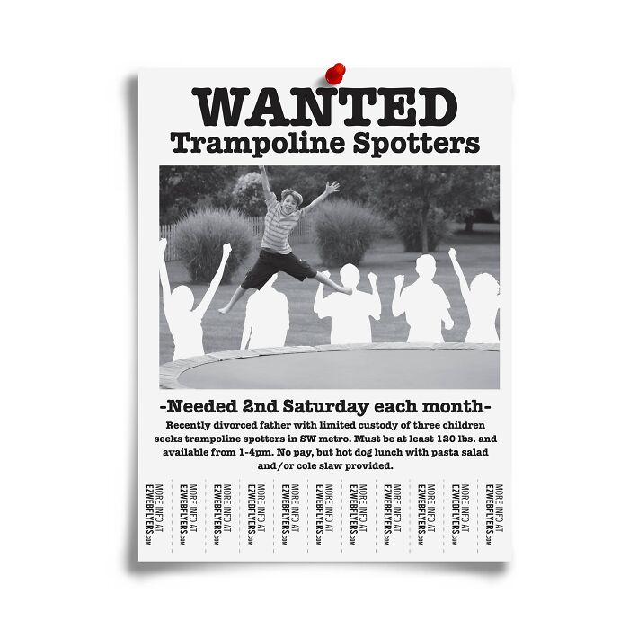 Humorous prank flyer seeking trampoline spotters with a playful design from fake gift boxes and flyers collection.