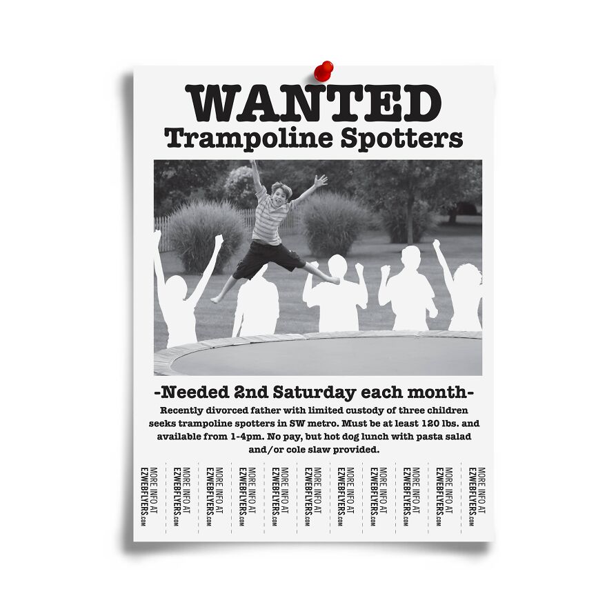 Funny prank flyer for trampoline spotters, featuring a humorous fake wanted poster to confuse friends.