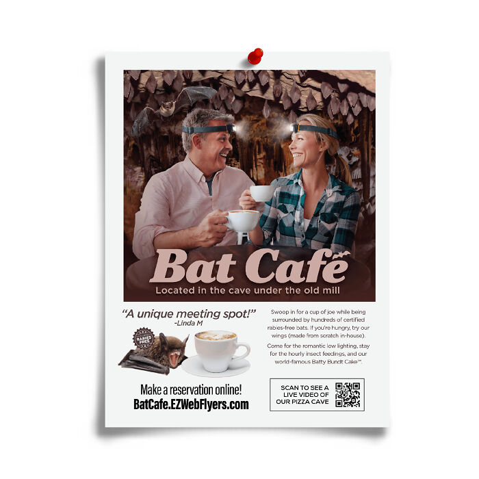 Couple enjoying coffee at Bat Cafe in a humorous flyer, part of prank-o fake gift boxes and flyers collection.
