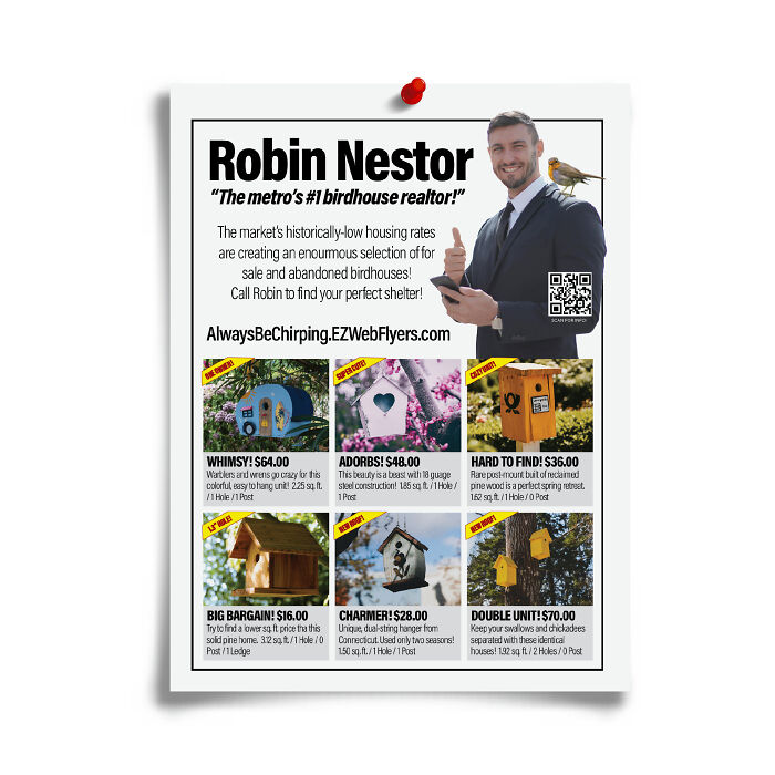 Humorous flyer featuring fake birdhouse listings, showcasing creative prank gift ideas and playful marketing designs.