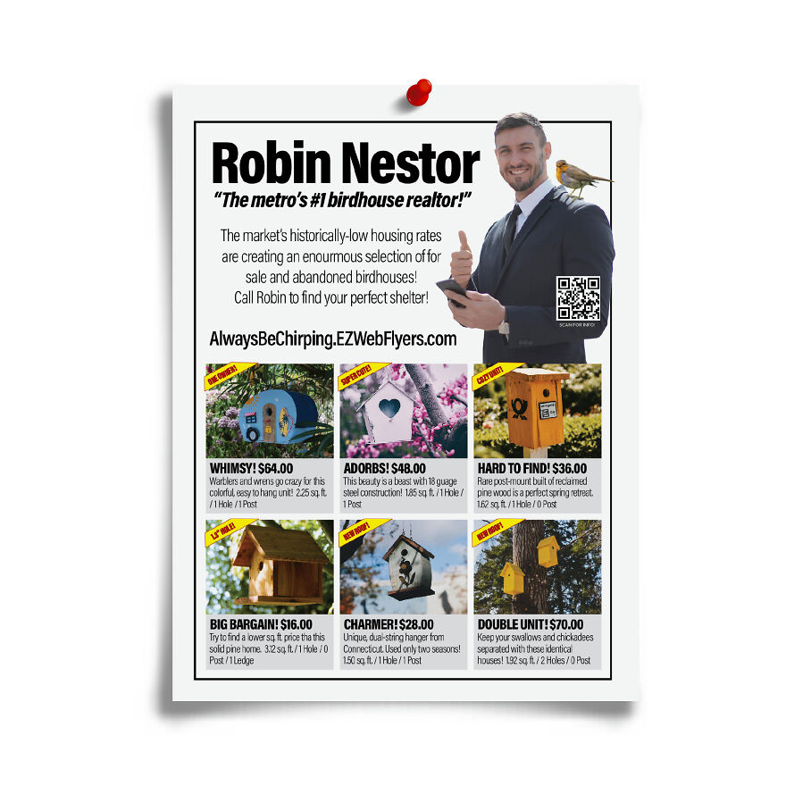Hilarious fake flyer advertising birdhouses with witty descriptions in a prank flyer to confuse friends creatively.