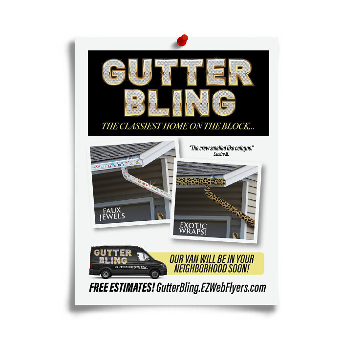 Humorous flyer for Gutter Bling with fake gift box style, featuring quirky gutter designs and prank-themed advertising.