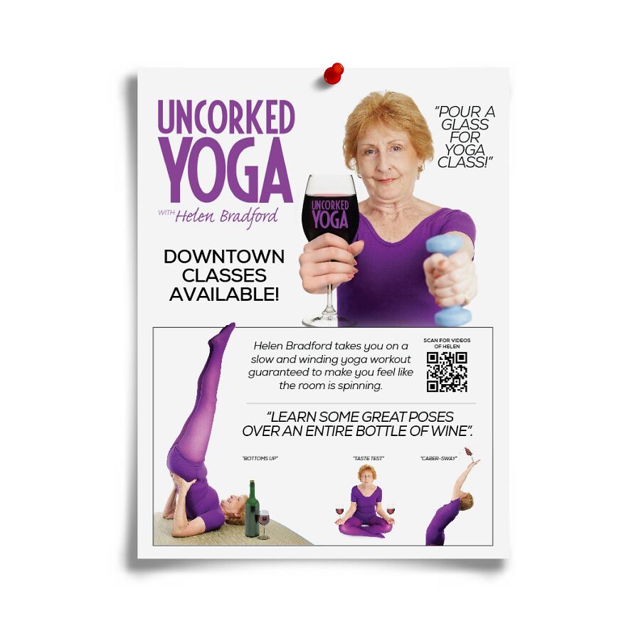 Funny fake flyer for Uncorked Yoga with Helen Bradford promoting confusing yoga classes involving wine and dumbbells.