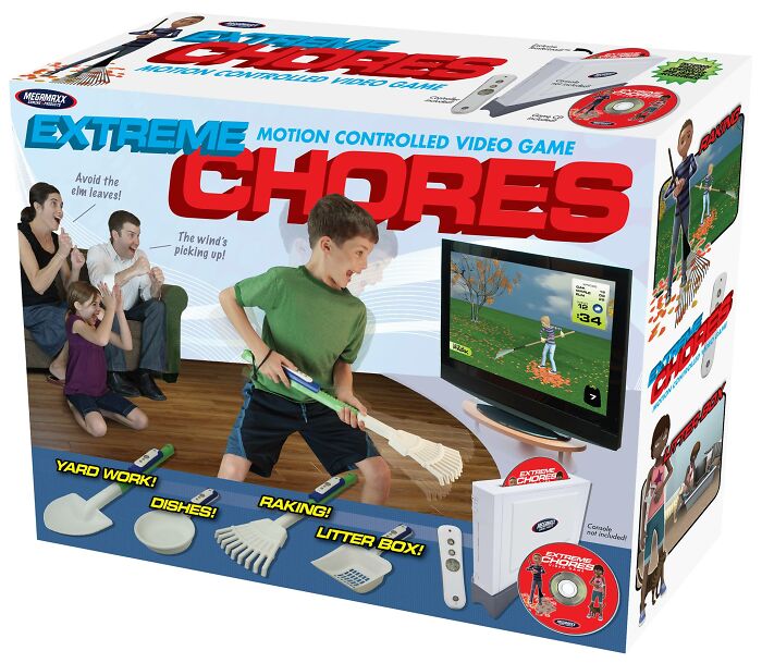 Extreme Chores fake gift box showing a humorous video game concept for raking and yard work prank toy.