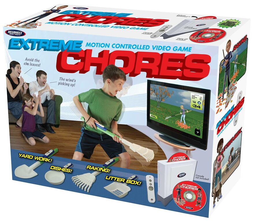 Fake gift box for extreme motion controlled video game chores, designed to hilariously confuse friends with prank flyers.