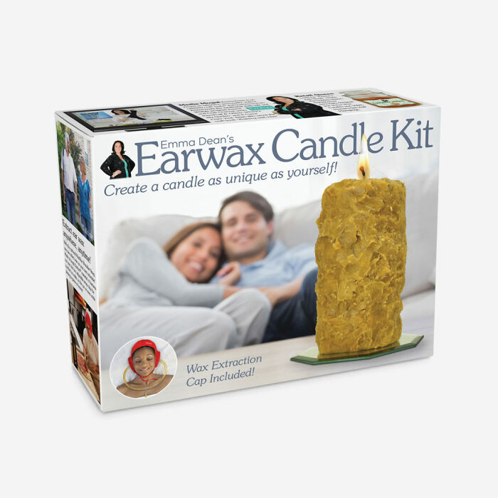 Earwax candle kit fake gift box from Prank-O, a humorous prank product for gag presents and practical jokes.