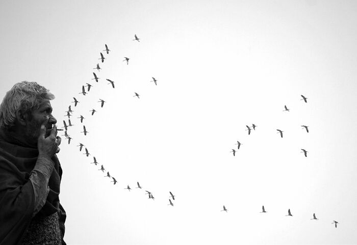 Black and white street photography of a man smoking, with birds flying in formation across the sky.