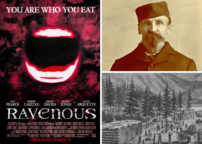 Ravenous horror film poster with historical figure and old forest scene inspired by real-life terrifying events.