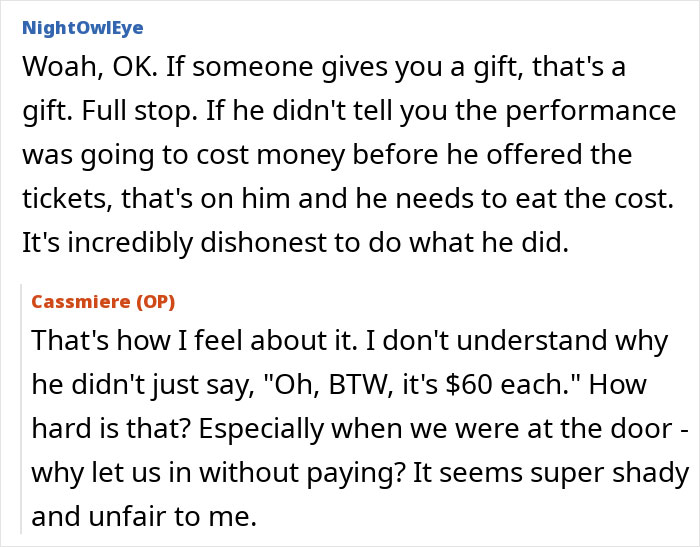 Comments discussing being scammed by coworkers at superior's wife's show that was not actually free.